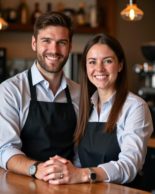 The founders of The Daily Grind & Brew smiling behind the coffee counter.